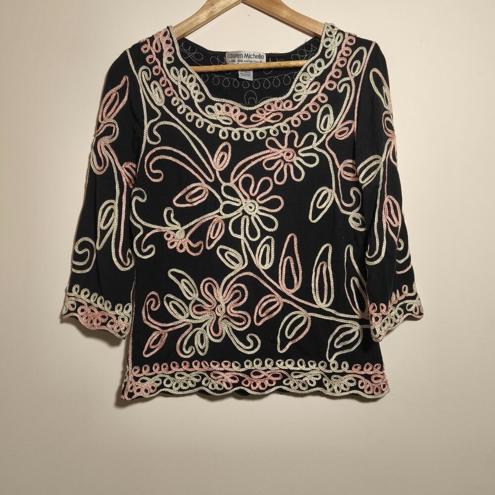 Lauren Michelle 3D Floral Stretch Blouse sz M Black Pink Preppy Palm Beach